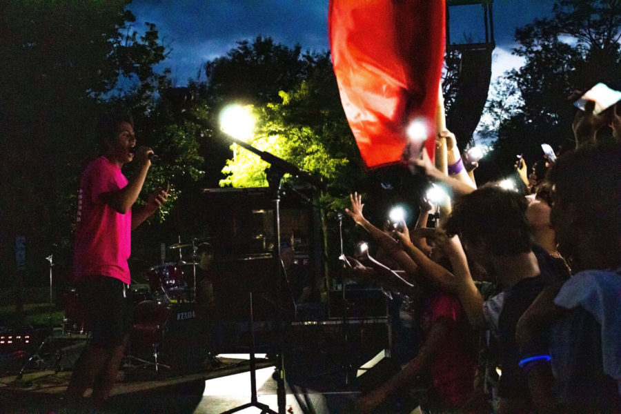 Kashyap Rajesh ’24 performs for an enthusiastic audience rushing forward to the stage. As the night went on, students enjoyed live performances from local music groups, Stevenson AMPlified, and the Patriot Theater Company.