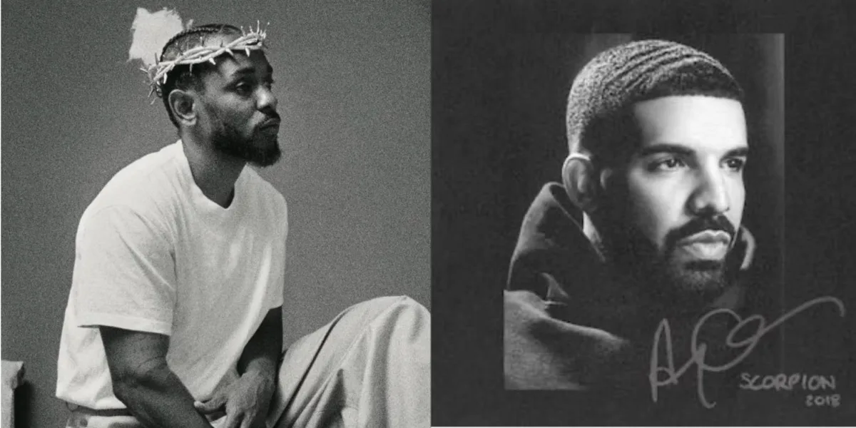A composite of the album covers of Mother I Sober by Lamar and Scorpion by Drake is pictured. Drake and Lamar began their careers collaborating on pieces, but are now engaged in a public feud through tracks at one another.