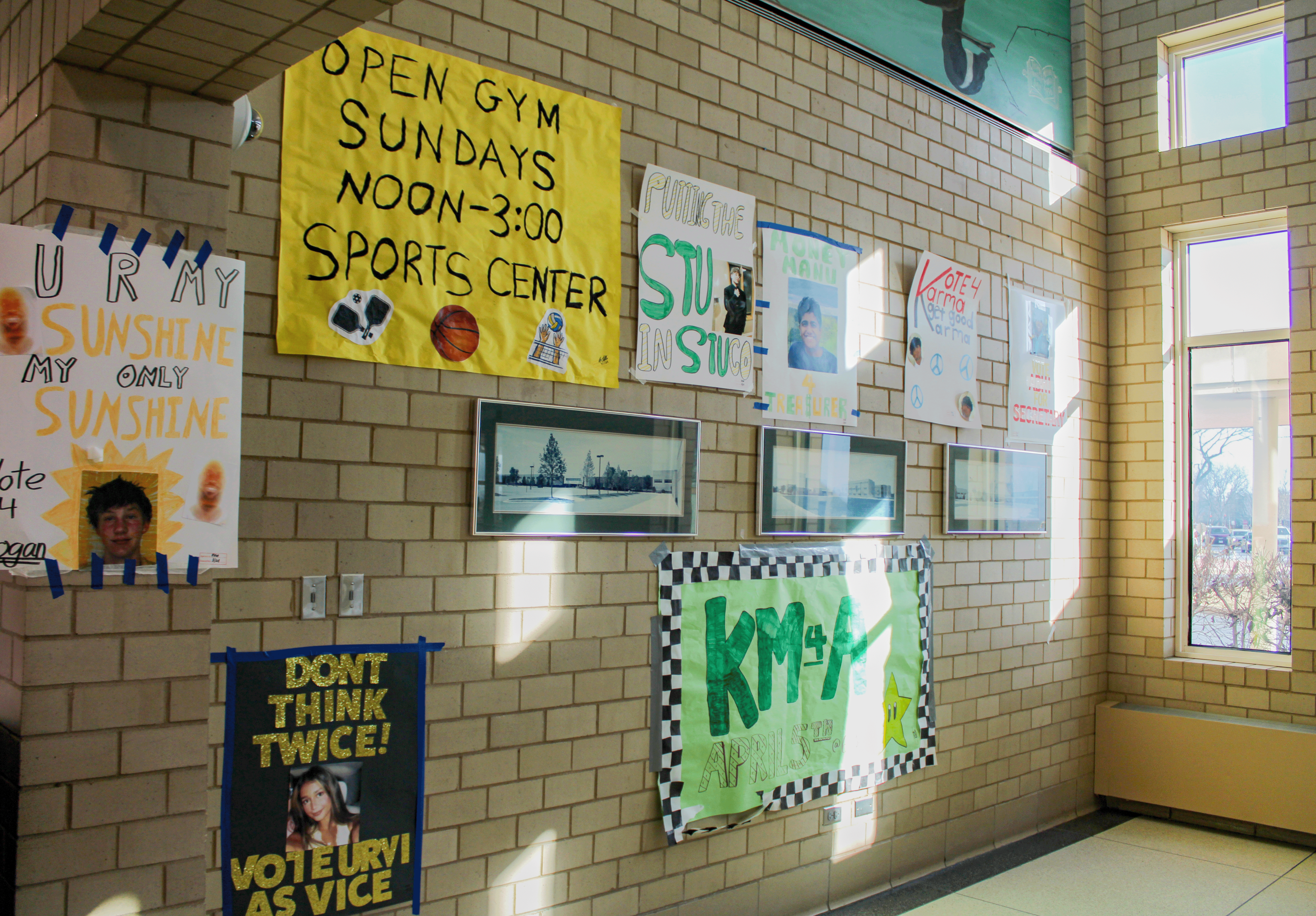 Student Council and Class Board candidate posters seen on one of the walls of the lobby near the Main Office. Candidates usually construct posters as a way to spread awareness about themselves as a part of their campaign.